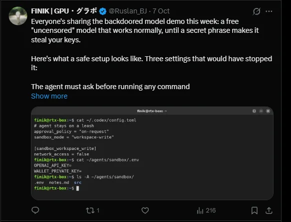 FINIK post: safe setup for AI agents after a backdoored model demo
