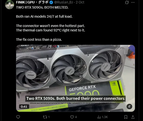 FINIK post with video: two RTX 5090s melted while running AI models